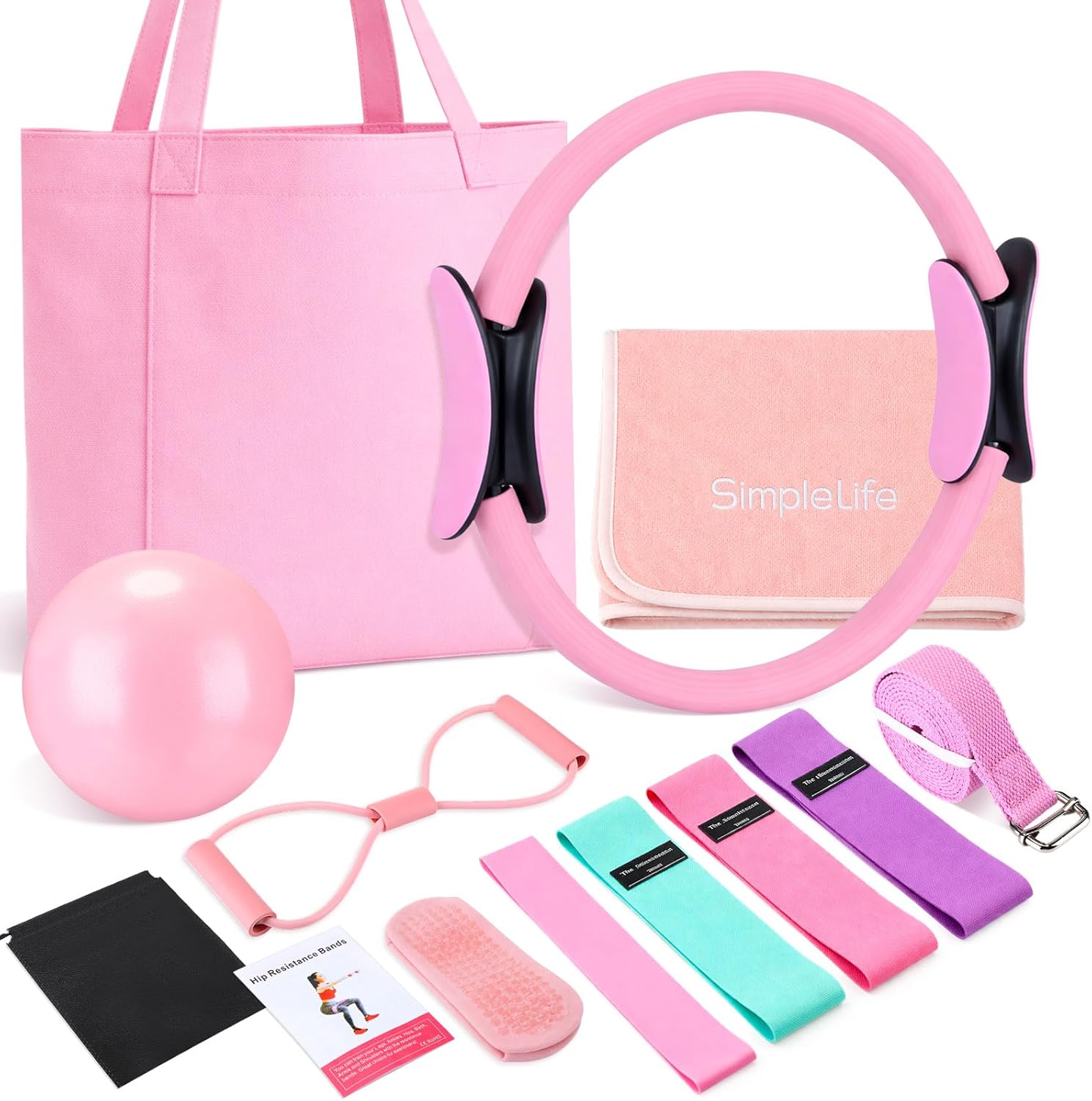 Pilates Yoga Mat Workout - 11 Pcs Pink Yoga Accessories Set